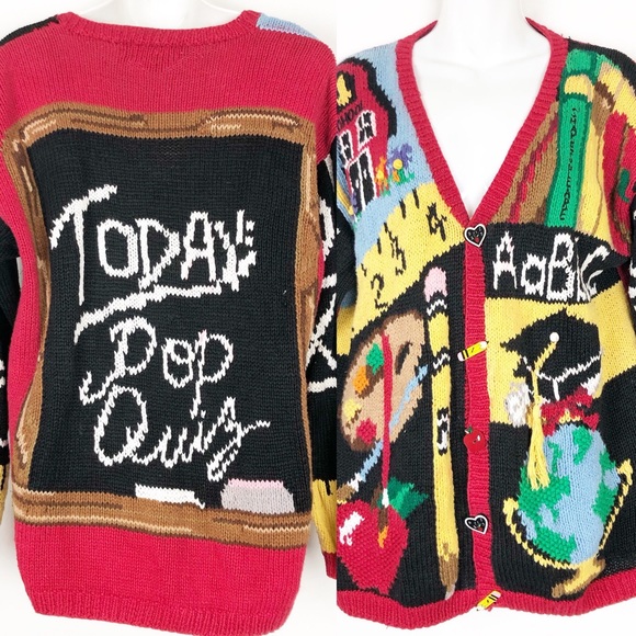 Alexandra Bartlett Sweaters - HAND KNIT Vintage Teacher Novelty Cardigan Sweater